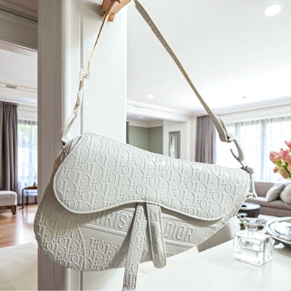 Saddle Bag Genuine Leather Monogram Shoulder Bag | Off White Cream | Medium Sz - Picture 1 of 13